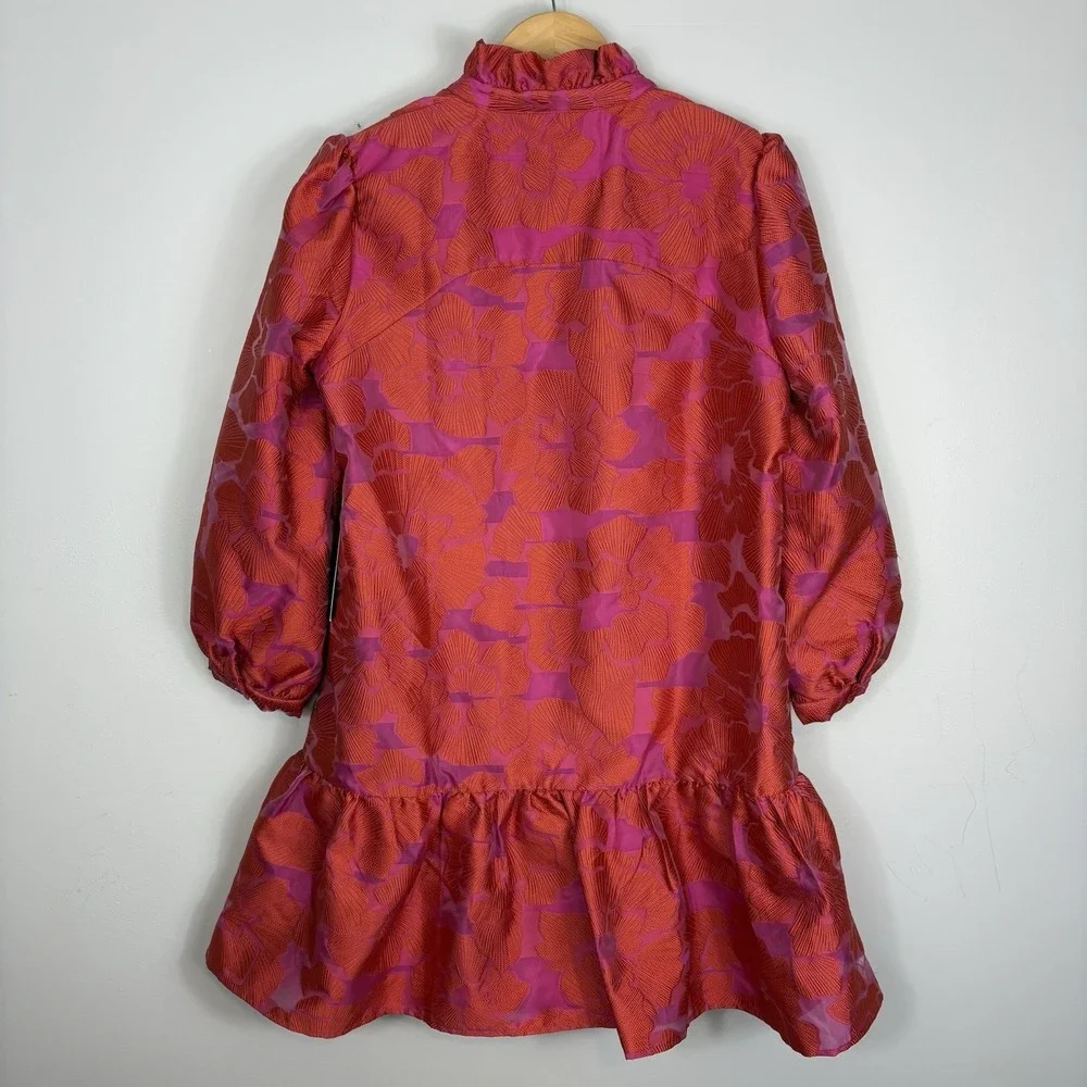 Tuckernuck Red Fil Coupe Palmerston Dress Sz L Brocade Floral Ruffle Hem - Picture 5 of 8